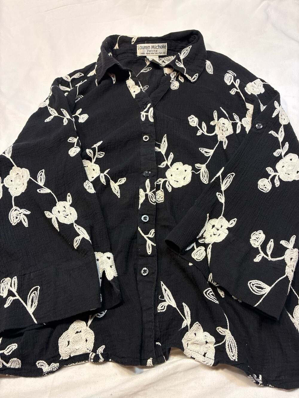 Lauren Michelle Petite Floral Embroidered Cotton Button Down Shirt PXL